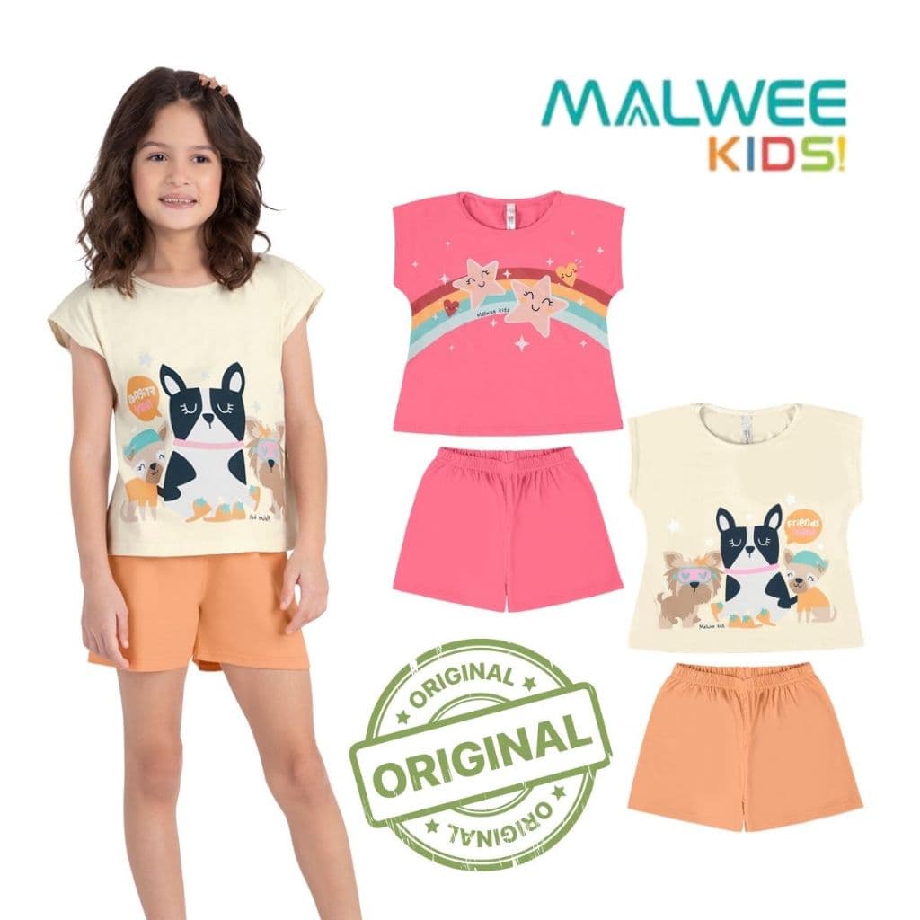 PIJAMA CURTO MENINA INFANTIL ESTAMPA FRIENDS ALGODÃO BRILHA NO ESCURO MALWEE KIDS