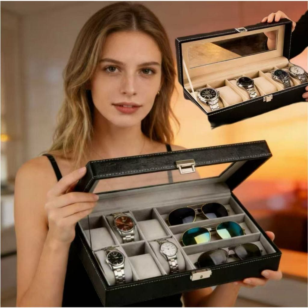 Porta Relógio Estojo Caixa Com 6 Nichos Divisórias Luxo Veludo E Couro Luxo-com espelho