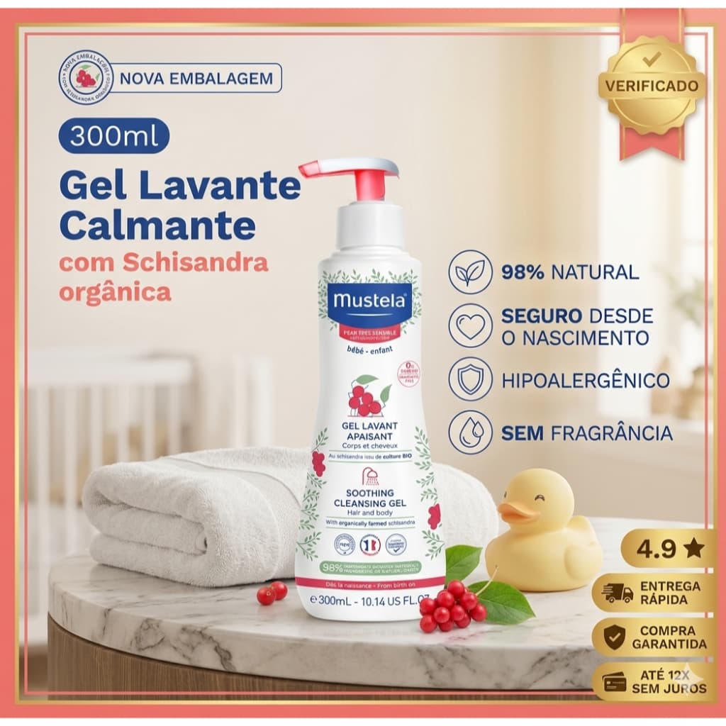 Gel Lavante Calmante Mustela 300ml Bebê Pele Muito Sensível Corpo e Cabelo Sem Fragrância