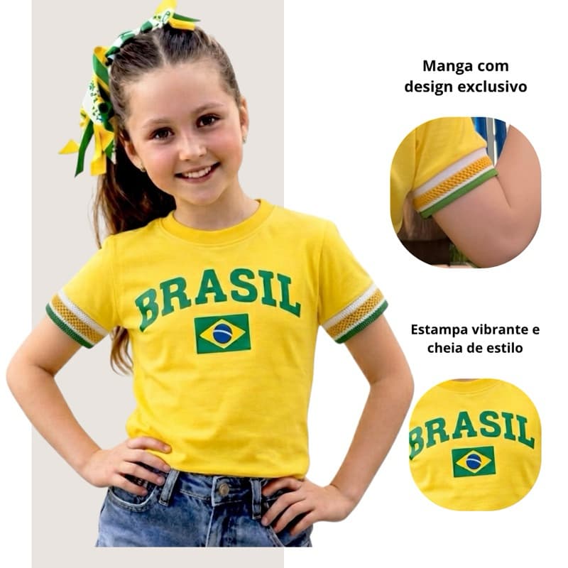 Camiseta do Brasil Infantil Menina Torcedora Blusinha Look Copa do Mundo