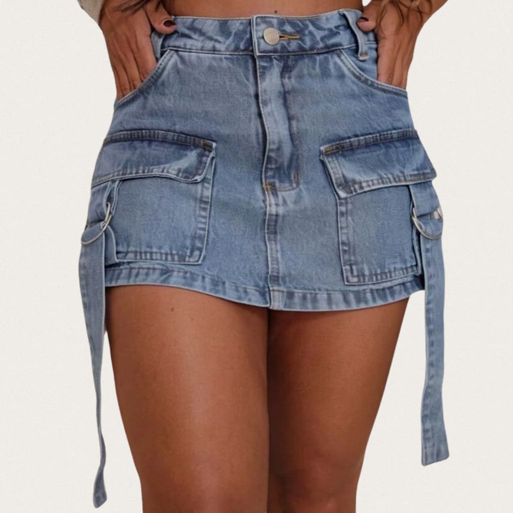 Short-Saia Cargo Jeans Feminino Estilo Utilitário e Confortável