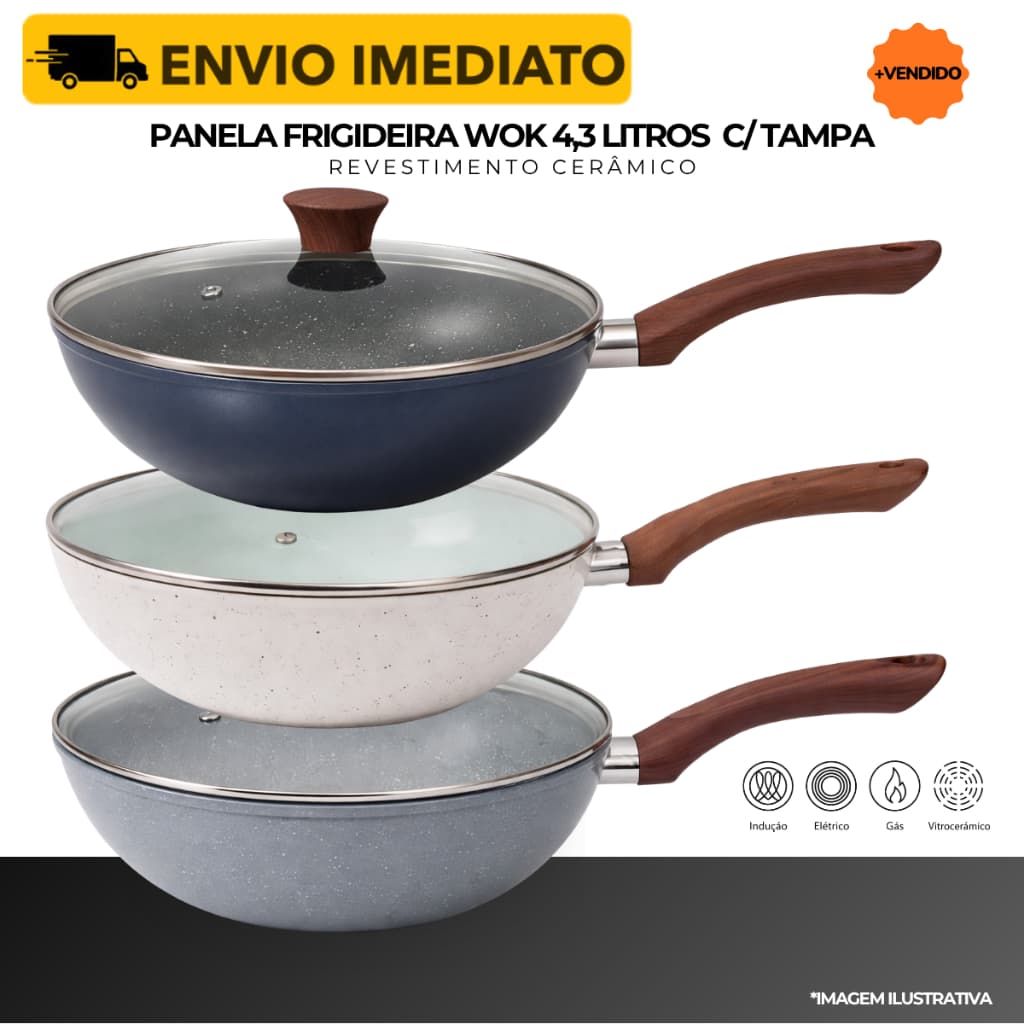 Frigideira Panela Wok Cerâmica C/ Tampa Vidro 4,3L Indução E Fogo Antiaderente Alumínio Profissional