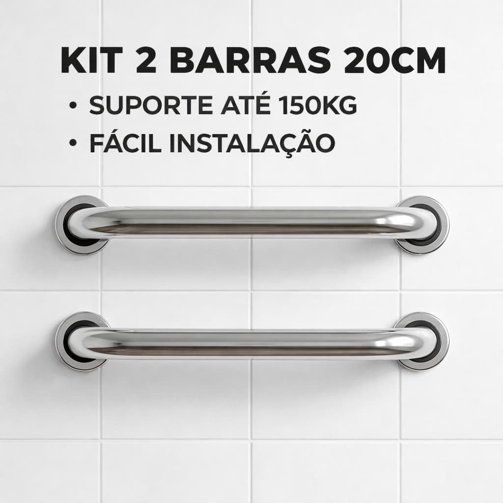 Kit 2 Barras de Apoio 20cm Banheiro Idoso Deficiente Inox Antiderrapante Alta Resistência Segurança