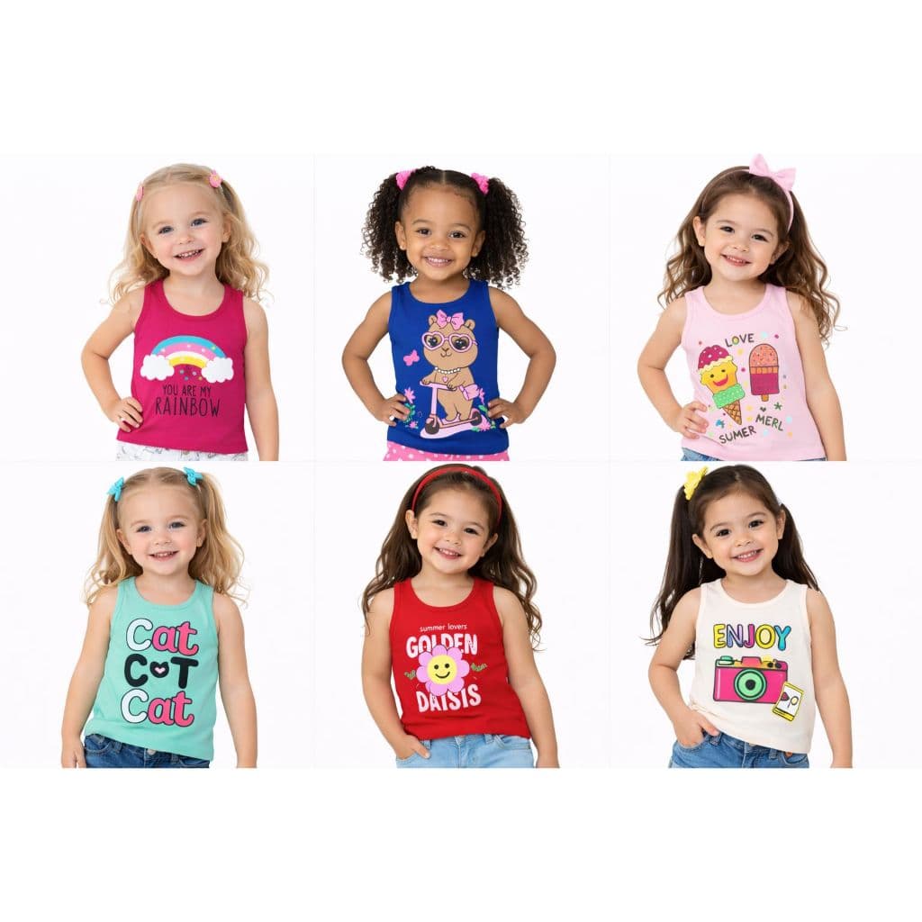 👕 KIT 3 Peças Regatas Sortidas Menina Verão Tamanho 1 ao 14 anos