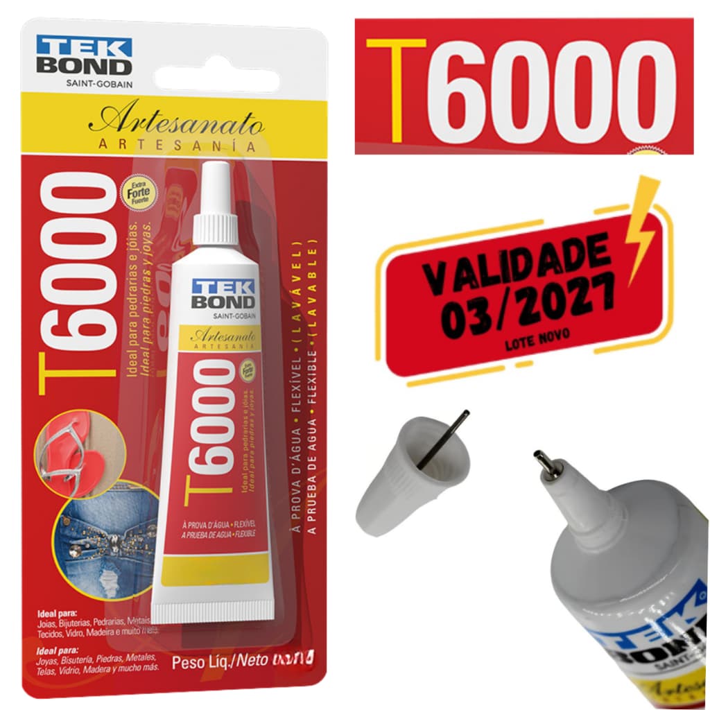 Cola Artesanato T6000 Tekbond - Transparente Jóias, Pedraria Cristal Bico Anti-entupimento