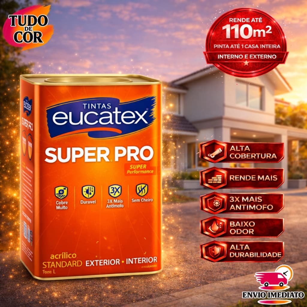 Tinta Acrílica Lavável Super Pró Fosco 18 Litros Eucatex, Interna e Externa, Antimofo, Várias Cores