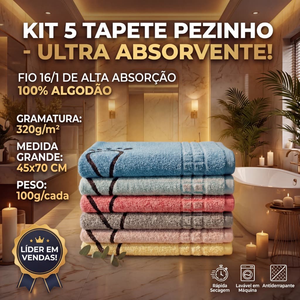 Kit 5 Tapete Piso Premium 45x70cm Toalhinha Para Banheiro Pezinho