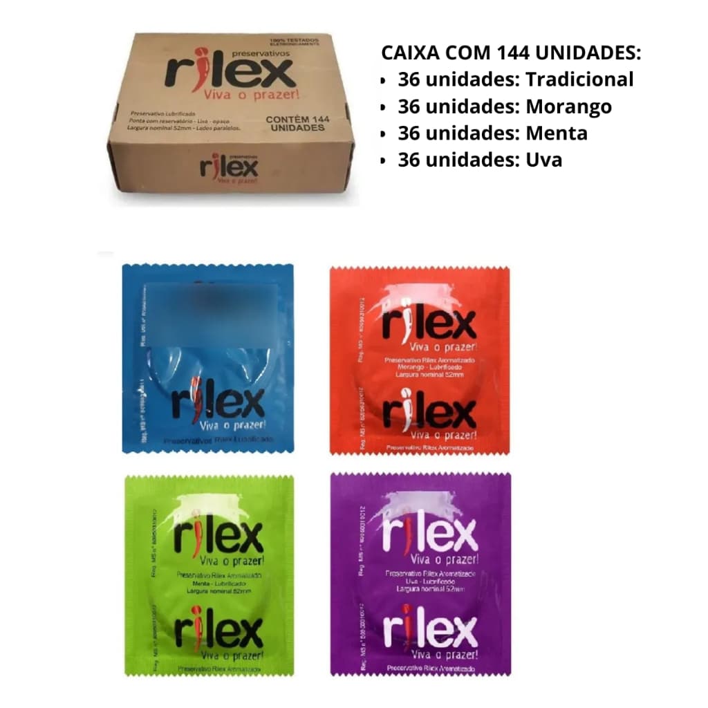 Caixa de Preservativo Rilex com 144 Unidades MIX, Sortidos 4 aromas lubrificado - KIT Camisinha