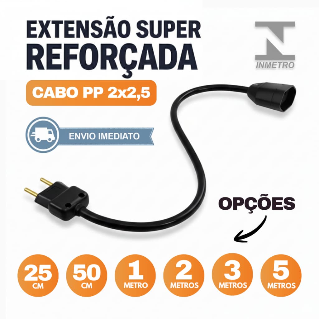 Extensão Elétrica Reforçada - 0,5/1/2/3/5 Metros Cabo PP 2x2,5 Grosso | Prolongador De Energia Certificado | Bivolt