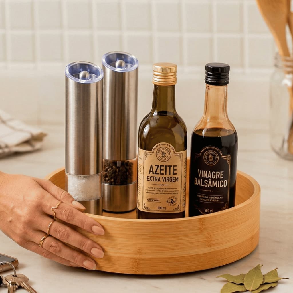 Organizador Redondo Giratório Multiuso de Bambu Organização - OU