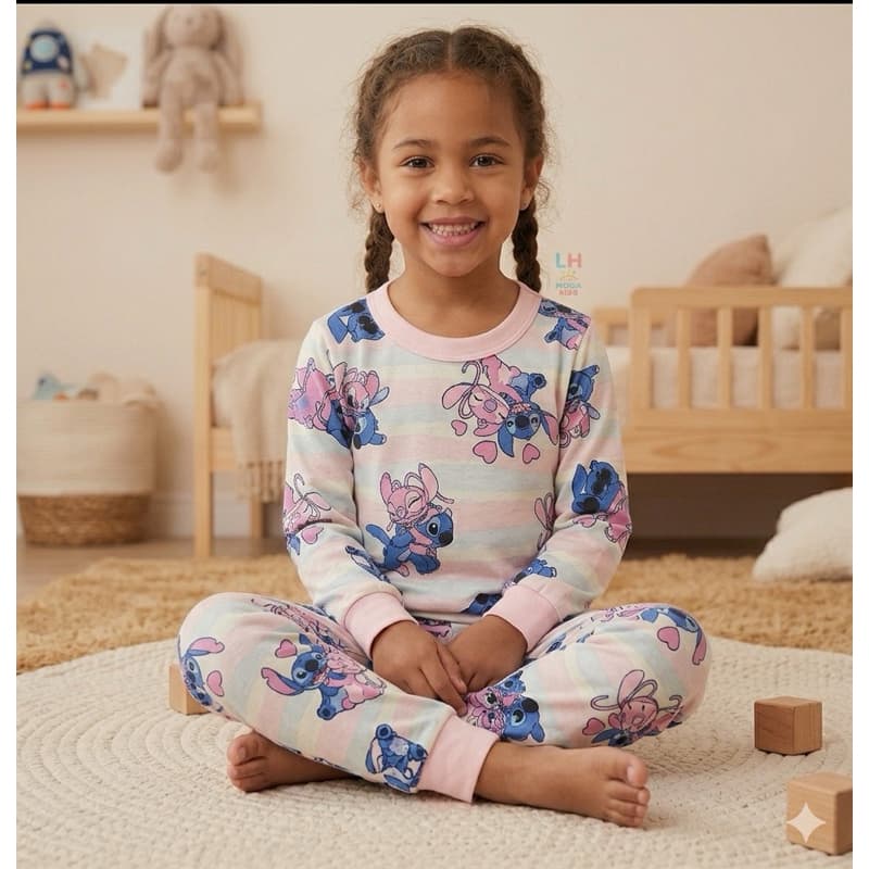 Pijama Stitch Menina Fio 30 – Blusa Manga Longa  + Calça Confortável 100% algodão Tamanhos: 2 e 14 anosda