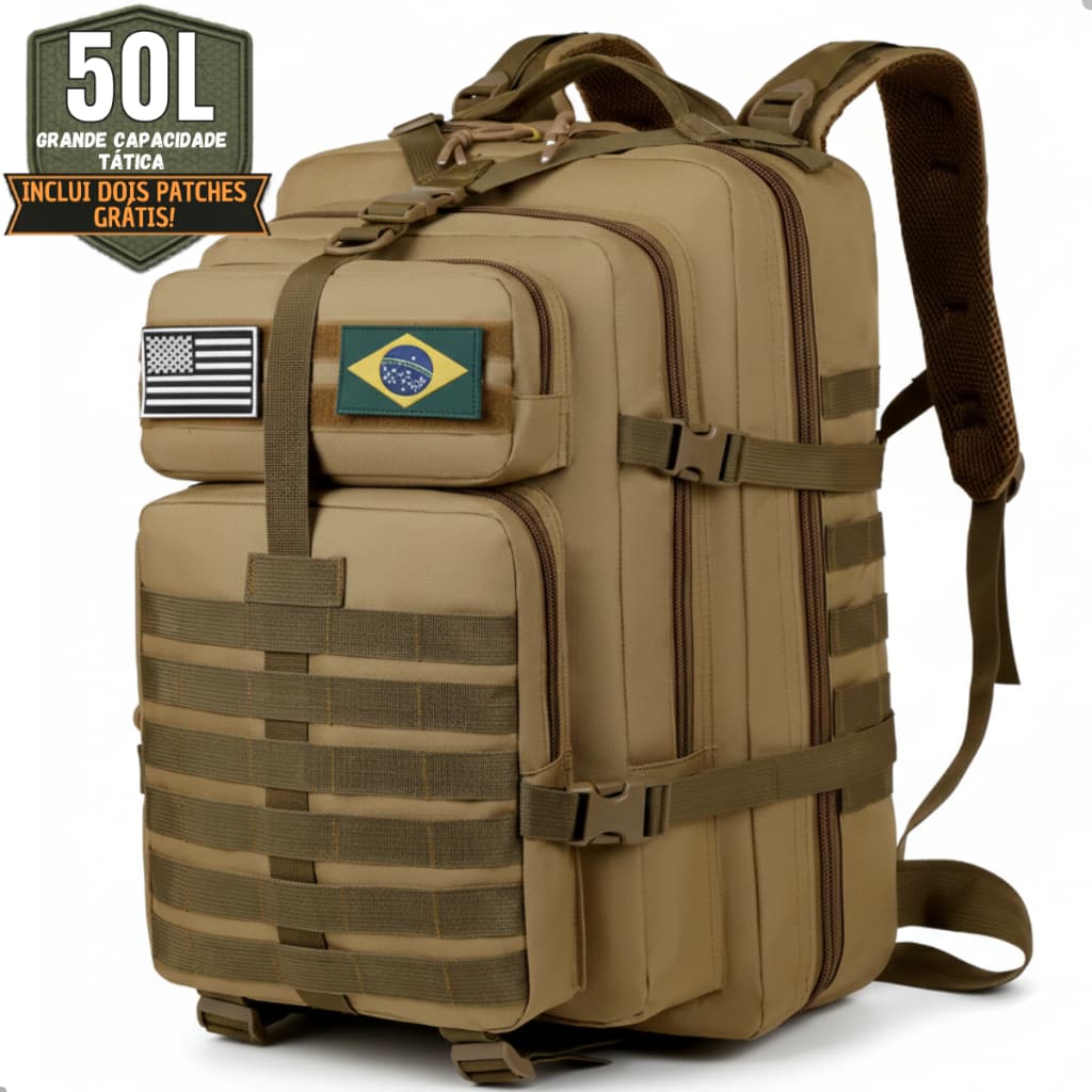 Mochila Tática Impermeável Militar Reforçada 50L Preto Verde E Cáqui Masculina Camping Com Bandeiras