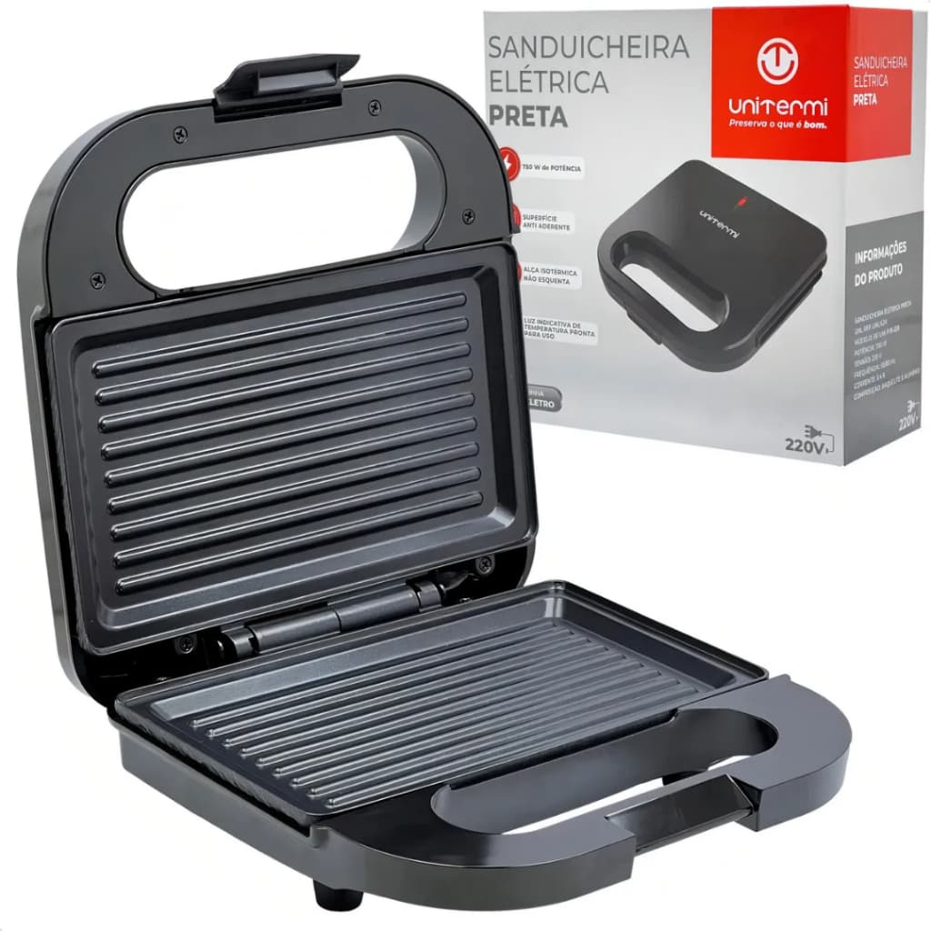 Sanduicheira Elétrica Preta 750W Potência Antiaderente Alça Isotérmica Trava de segurança Unitermi