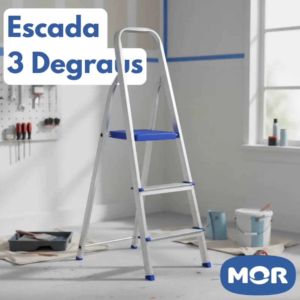 Escada De Alumínio Doméstica Obra 3 Degraus Reforçada Resistente Leve Suporta 120Kg Mor