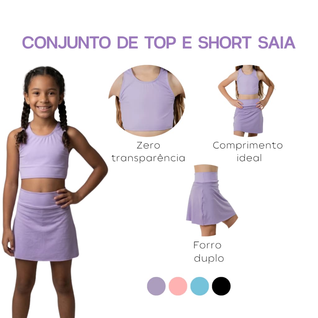 Conjunto Fitness Infantil Short-saia E Top Nadador  Lycra Ginástica Escola Colégio Tennis Poliamida