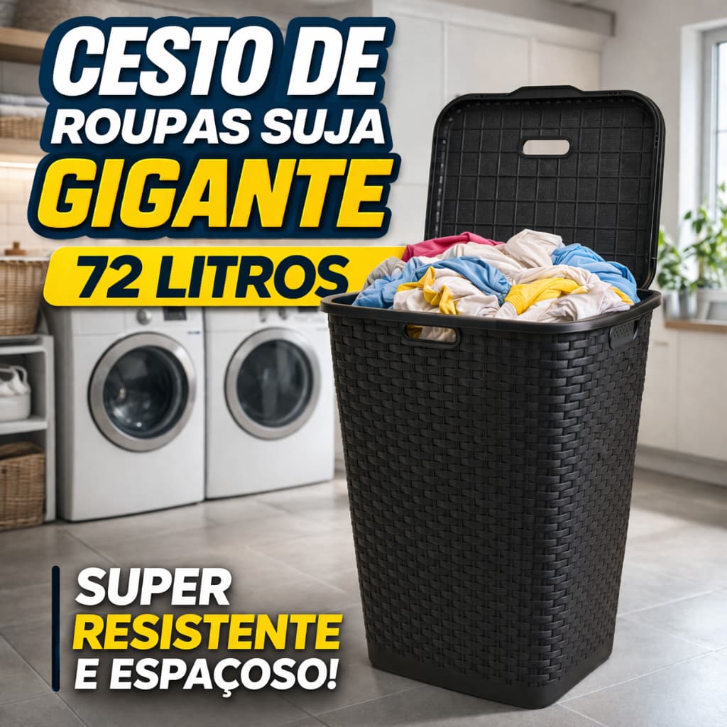 Cesto de Roupa Suja 72L Gigante com Tampa Plástico Reforçado Resistente Ideal para Lavanderia Família