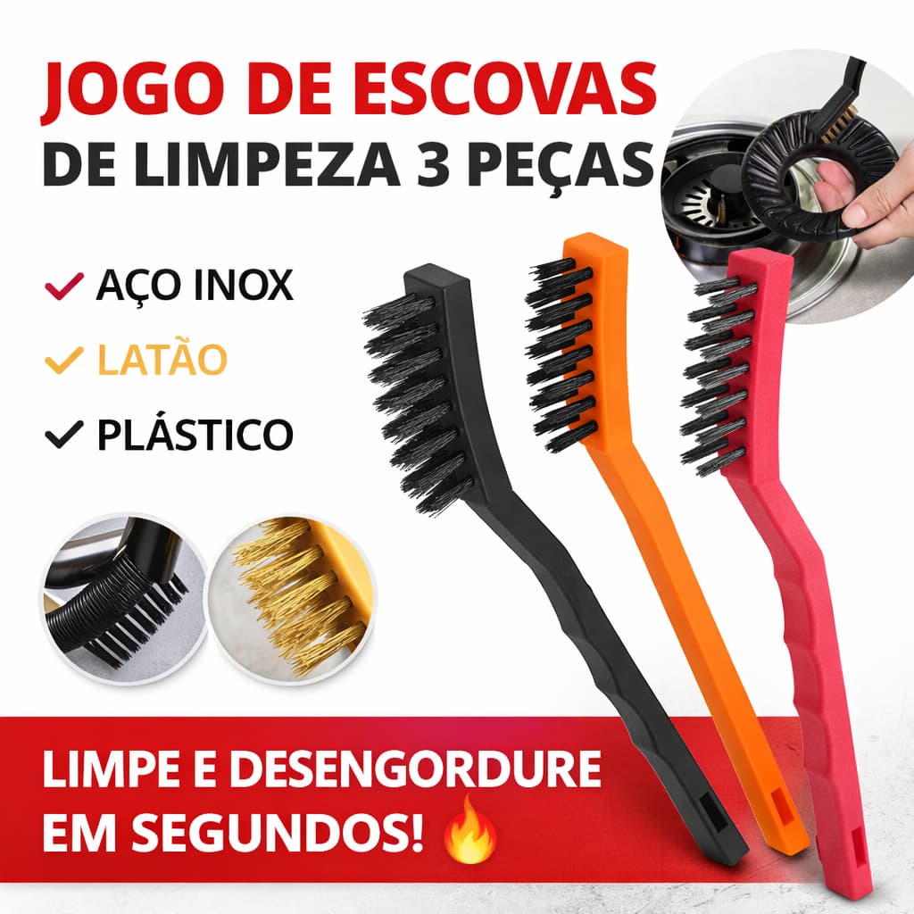 Kit 3 Escovas De Aço Multiuso Conjunto Limpeza Grelha Peças Aço Latão Cabo Plástico Vitrine