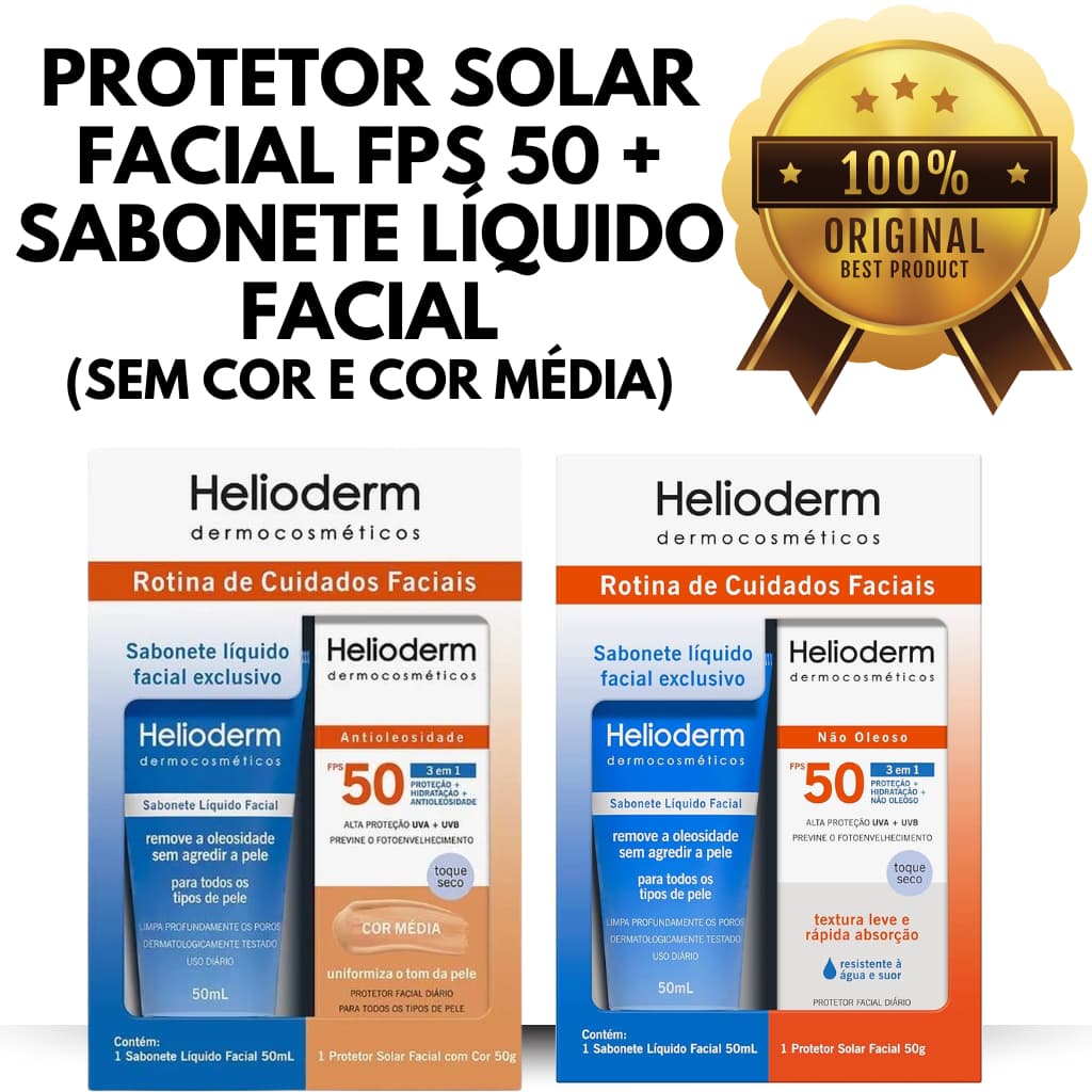 KIT HELIODERM PROTETOR FACIAL FPS 50 50G + SABONETE LÍQUIDO FACIAL 50ML/ SEM COR E COR MÉDIA