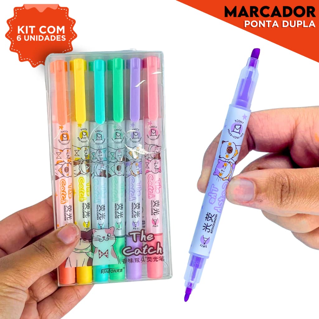 Kit Marca Texto 6 Cores Ponta Dupla Canetinhas Coloridas para Uso Escolar