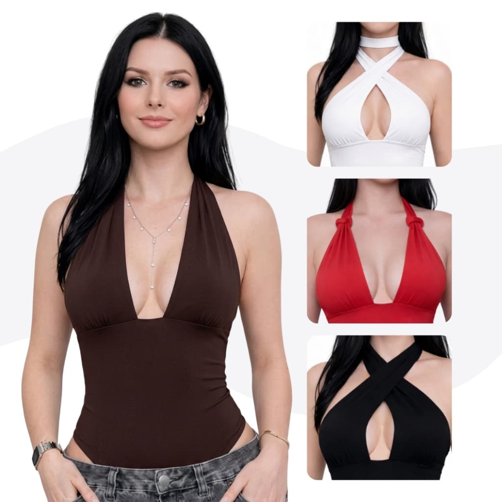 Body Feminino Multiformas Decote Costa Nua Amarração Verão Moda Tendência