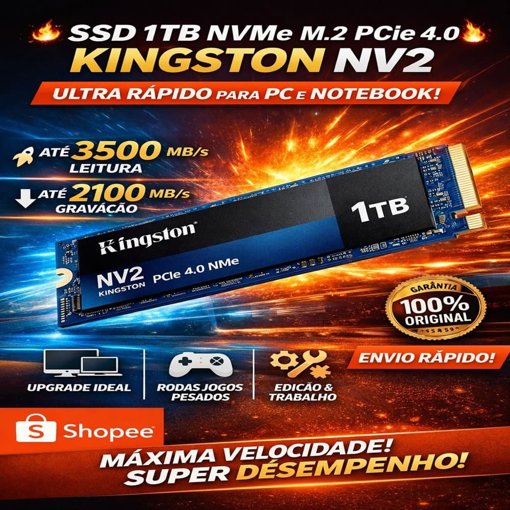 SSD 1TB NVMe M.2 PCIe 4.0 Kingston NV2 SNV2S1000G 3500MB/s Ultra Rápido Para PC e Notebook