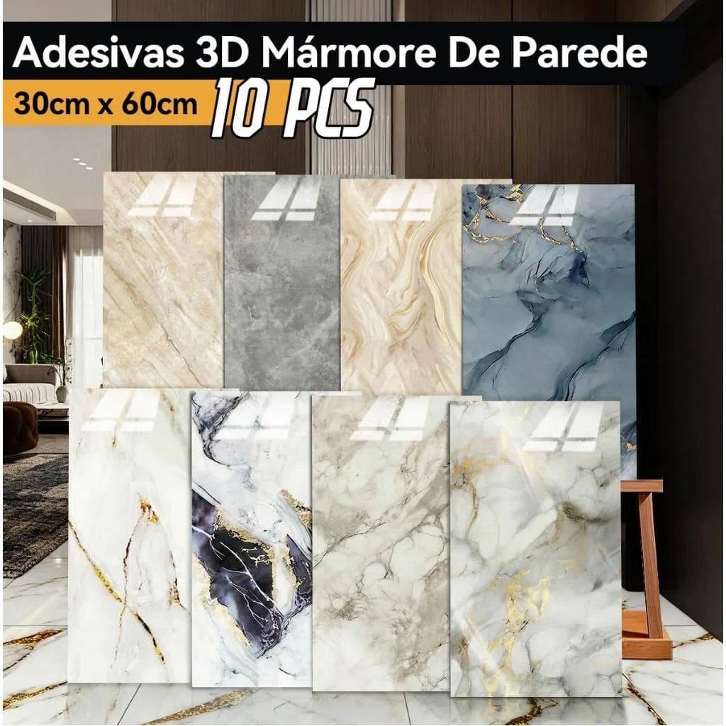 Kit 10 Placas 3D Adesivas Mármore Relevo Parede Impermeável 30x60cm