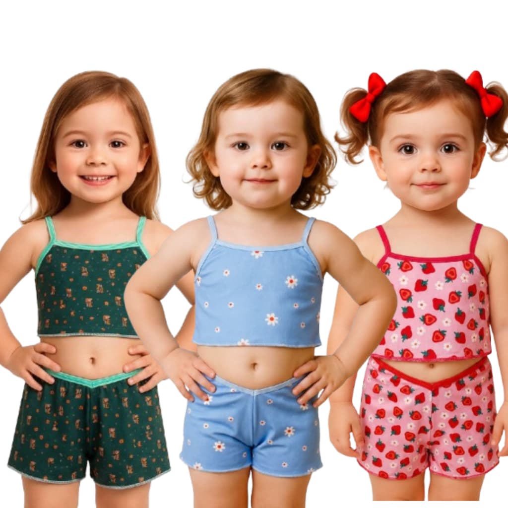 Kit 3 Pijamas Infantis de Alcinha Confortável Para Meninas De Microfibra Estampas Variadas
