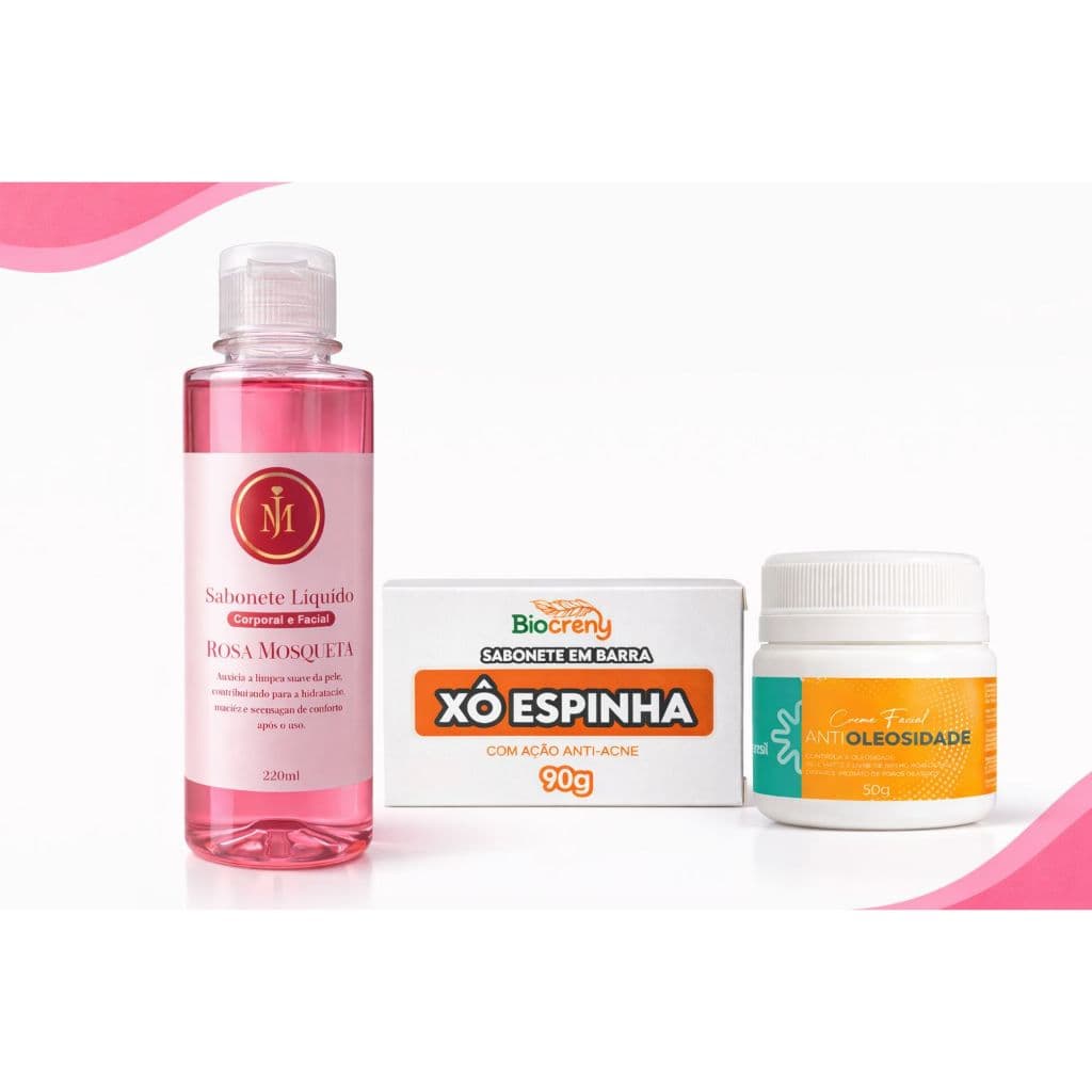 Kit Tratamento de Manchas e Espinhas Sabonete Líquido Mikoziu, Sabonete Barra e Pomada Xô Espinha