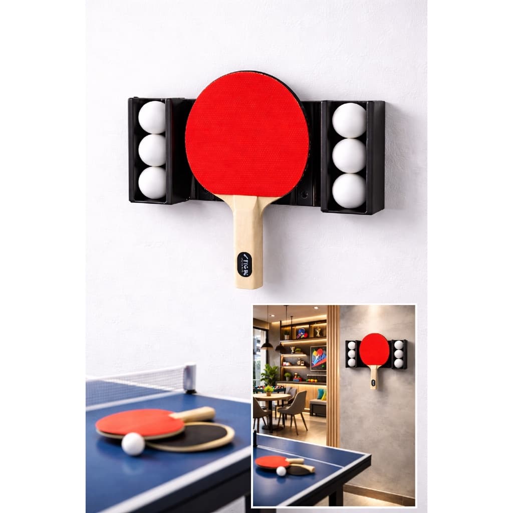 Suporte de Parede para Raquete e Bolas de Ping Pong | Organizador para 6 Bolas | Fixação Fácil
