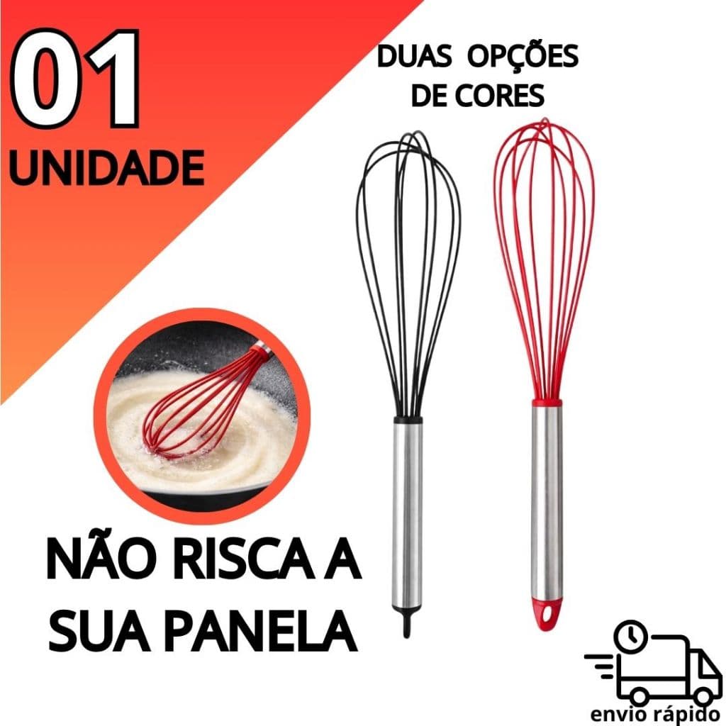 Batedor Manual Silicone Premium 30cm Profissional Antiaderente 1 Unidade Vermelho ou Preto