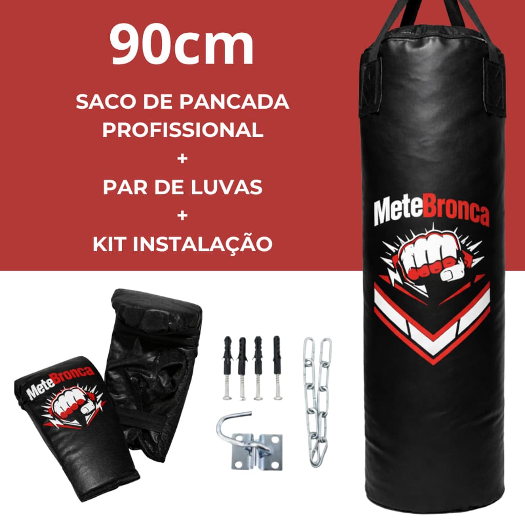 Saco de Pancada 90cm + Par de Luvas + Suporte de fixação para treino de Boxe Mete Bronca