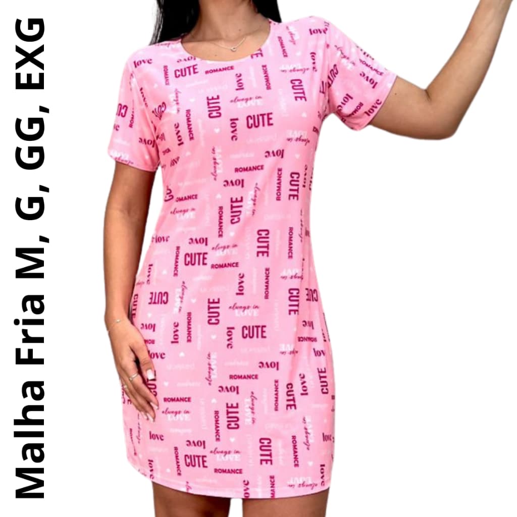 Camisola Feminina Manga Curta Vestido Senhora Dia a Dia Vestidinho de Dormir Linha Noite Estampada Plus Size