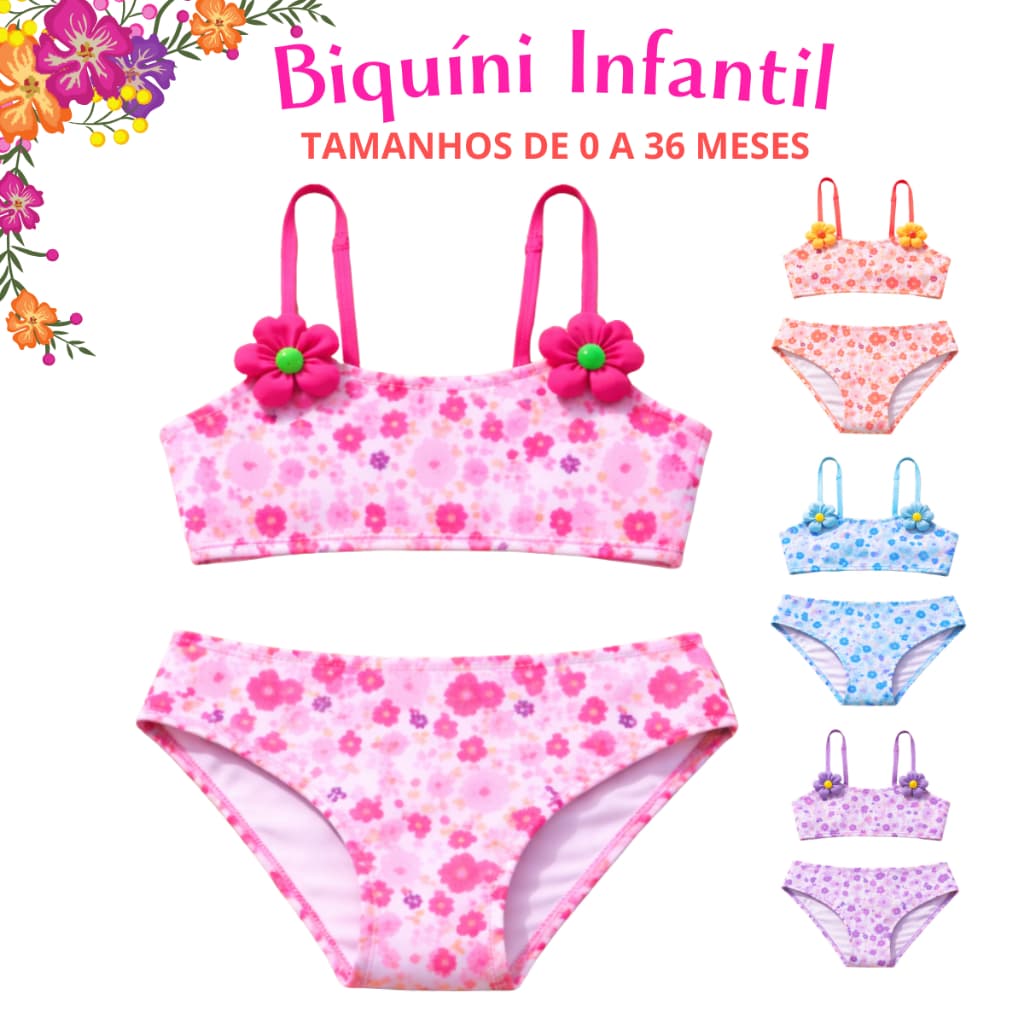 Conjunto De Praia Biquíni Infantil Estampa Floral E Aplicação Flores De Fuxico Verão Praia Piscina