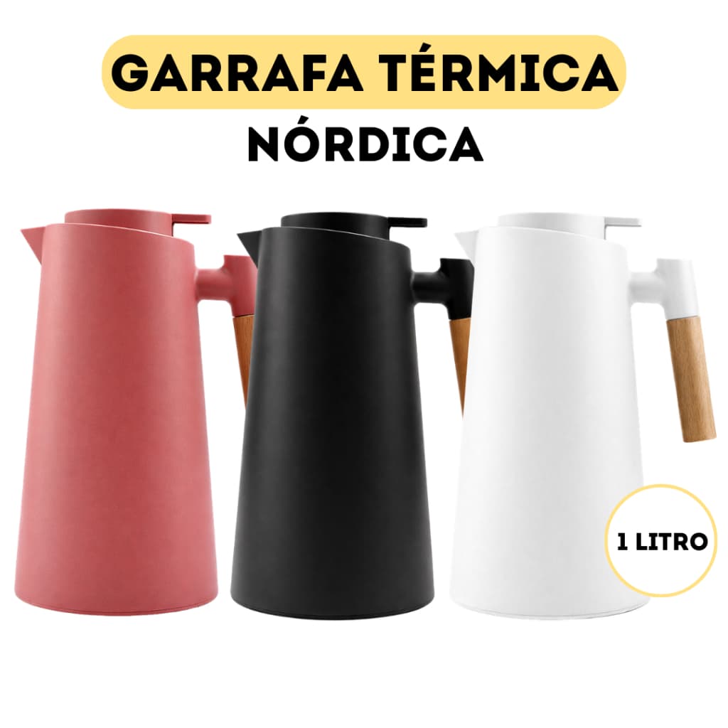 Garrafa Térmica Para Café e Chás No Estilo Nórdica Com Acabamento Luxo Com Cabo De Madeira 1 Litro
