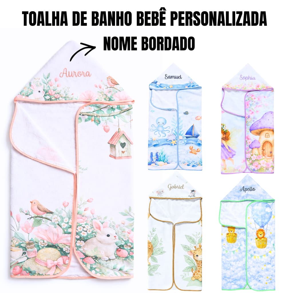 Toalha de Banho Bebê Personalizada com Nome Bordado Capuz Forrada Fralda 100% Algodão RN Absorvente