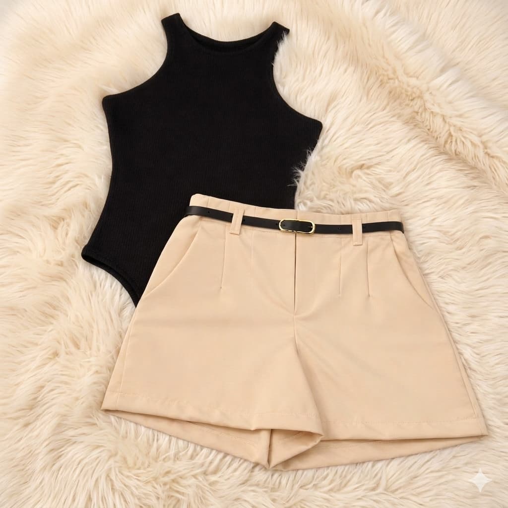 Conjunto Feminino Body Regata + Short Alfaiataria Com Cinto Moda Blogueira | ENVIO IMEDIATO