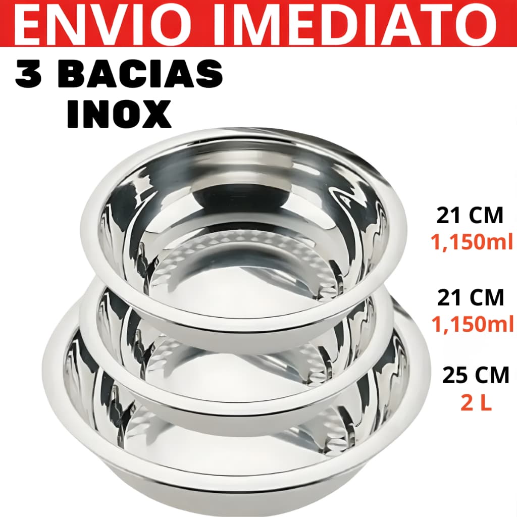 Jogo 3 Bacia SaladeiraTigela Bowl Aço Inox Reforçado Multiuso Kit Profissional Cozinha 25/21/21 cm