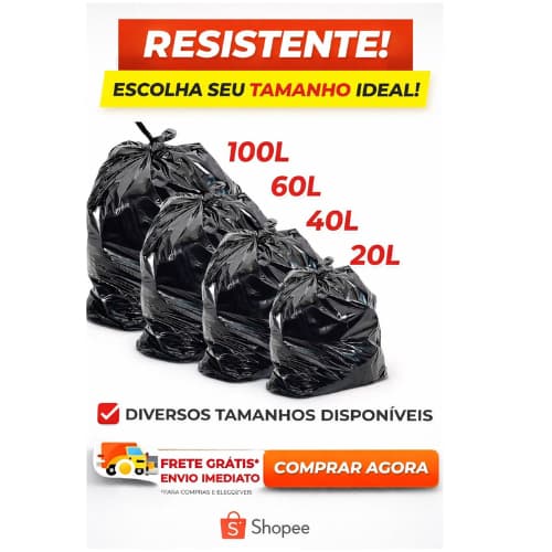 Saco de lixo Resistente 100 litros 60, 40, 20 litros Preto.