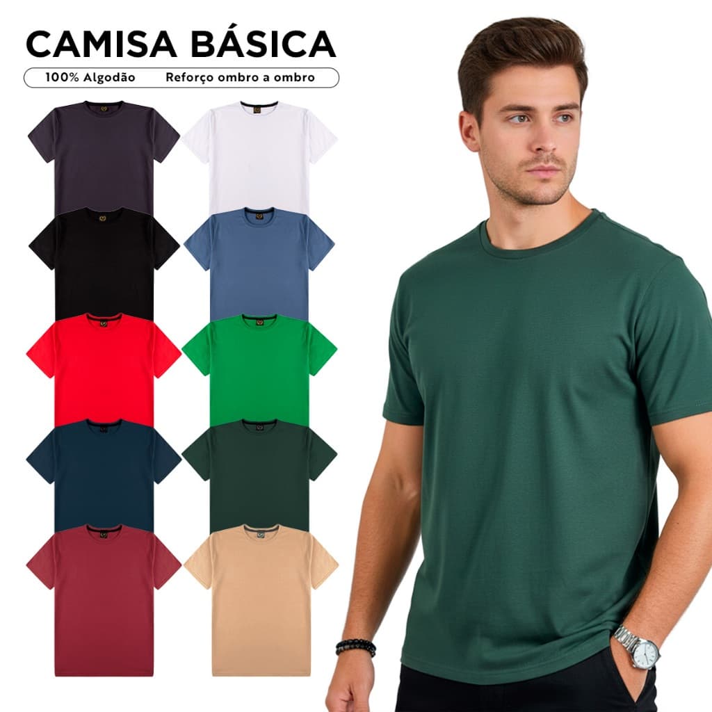 Kit 3 Camisetas Básicas Masculina 100% Algodão Reforço Ombro a Ombro Moderna Casual Lisa