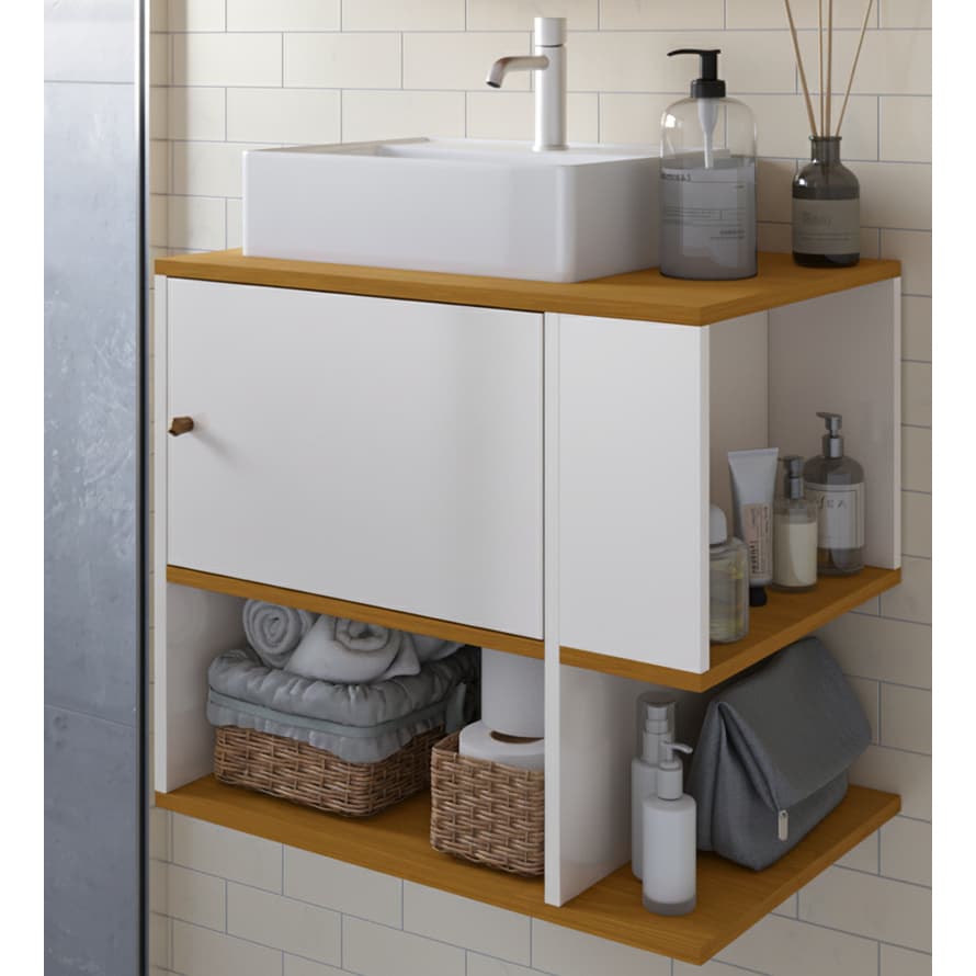 Armário Balcão Gabinete Banheiro Organizador Multiuso Suspenso Com Porta e Nicho