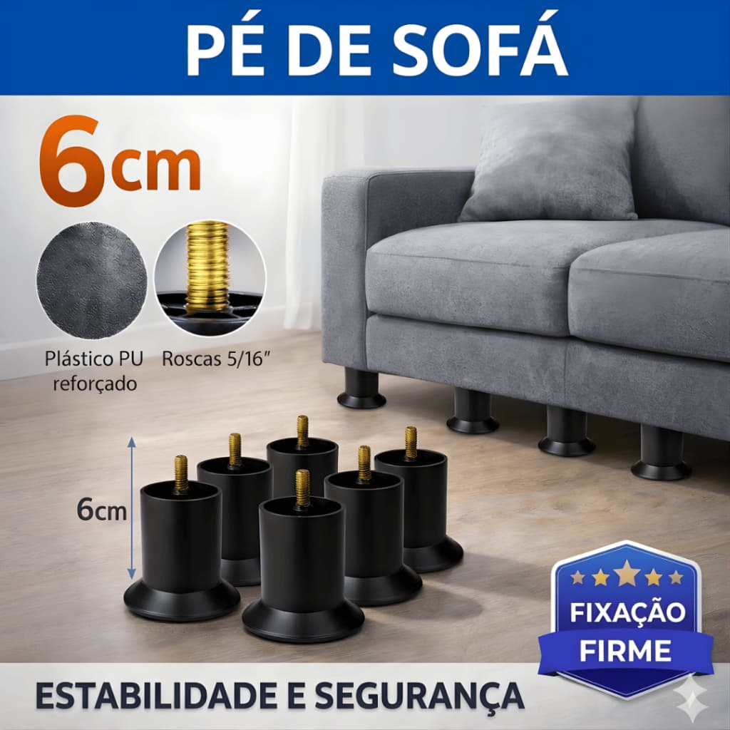 Pé de Sofá Redondo 6cm em Plástico PU Reforçado Alta Resistência