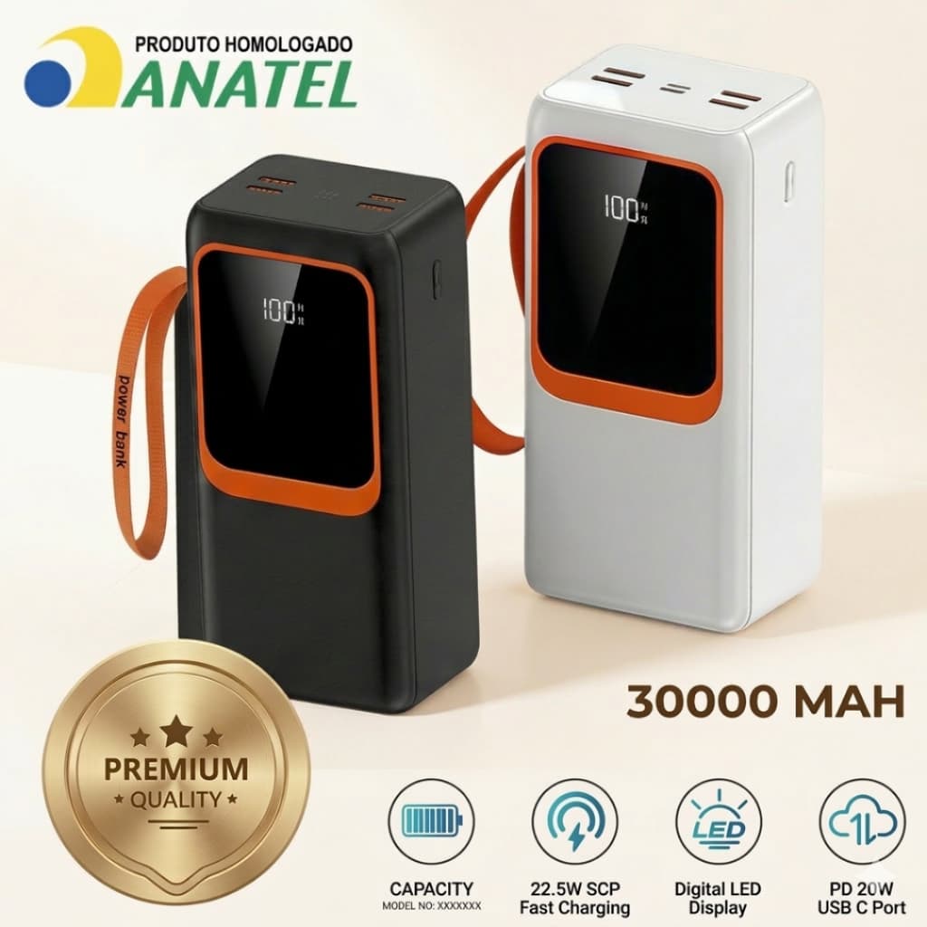 Power Bank 30000mAh 66W PD Ultra Rápido Carregador Portátil iPhone Android Turbo Com Cabo Integrado