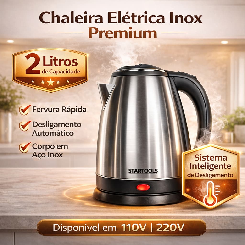 Chaleira Elétrica 2L Inox Ferve Rápido Desliga Sozinha Base 360° Super Prática