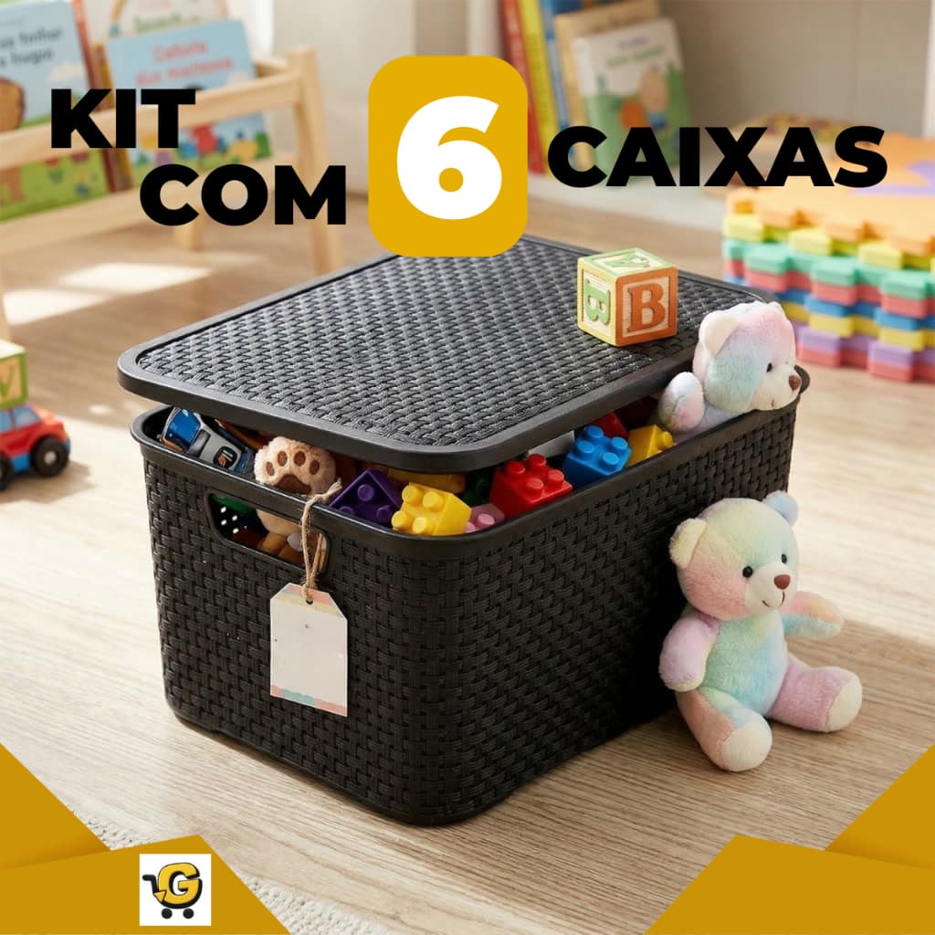 Kit 6 Caixas Organizadoras Rattan Multiuso 7L Cor Preta