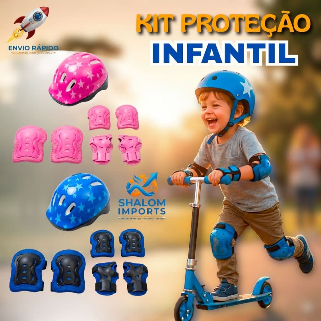 Kit de Capacete de Proteção Infantil 7 Peças – Capacete Joelheiras Luva e Cotoveleiras Azul e Rosa