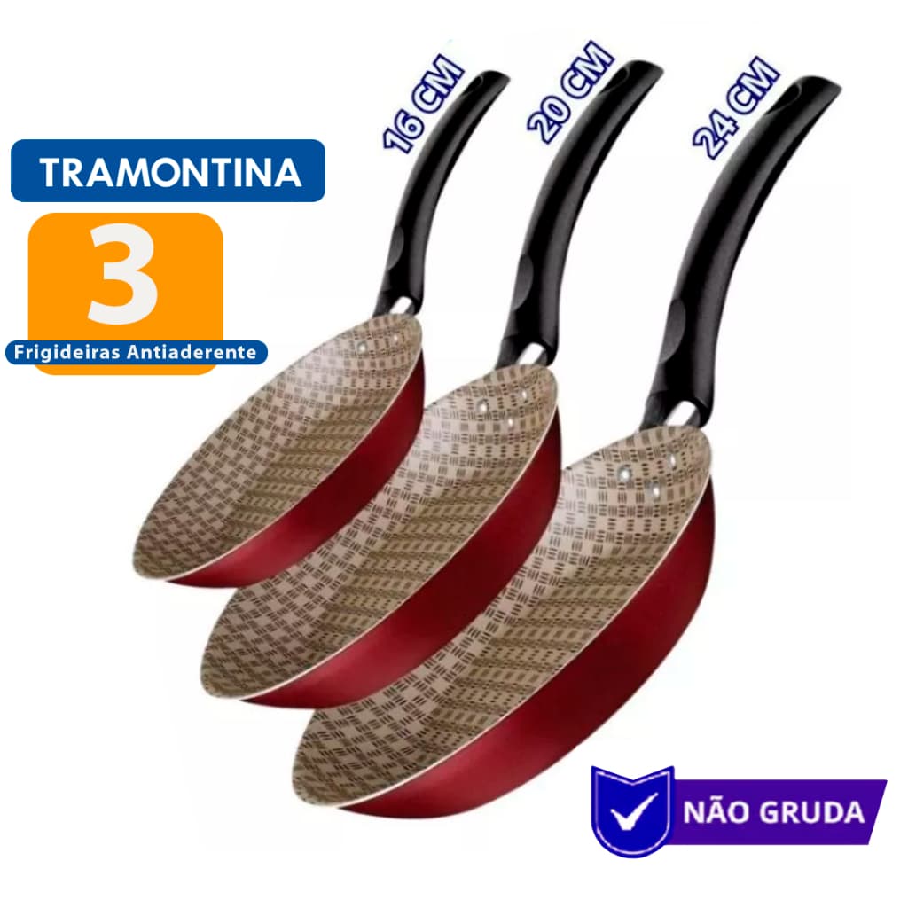 Kit Jogo Conjunto de 3 Frigideiras Tramontina Turim N16 N20 N24 Antianderente Vermelha