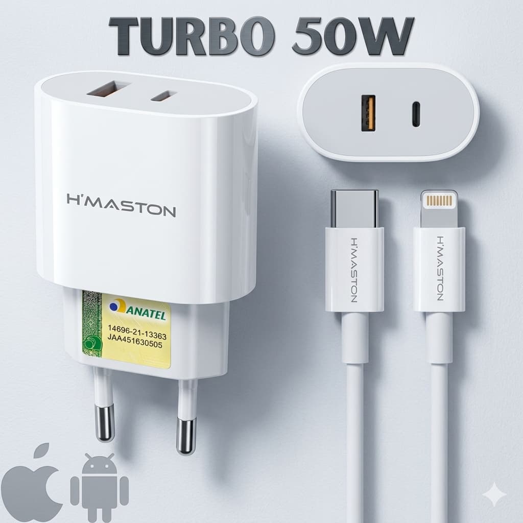 Carregador Iphone Turbo 50W Cabos (USB-C ou Lightning) – 0 a 100% em 1h!