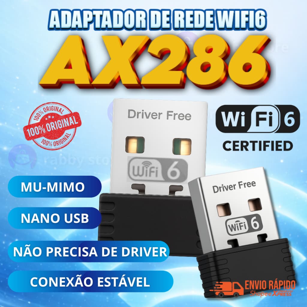 Adaptador de rede WIFI 6 USB AX286 MINI MU-MIMO para Jogos Compatível com Windows 7/10/11