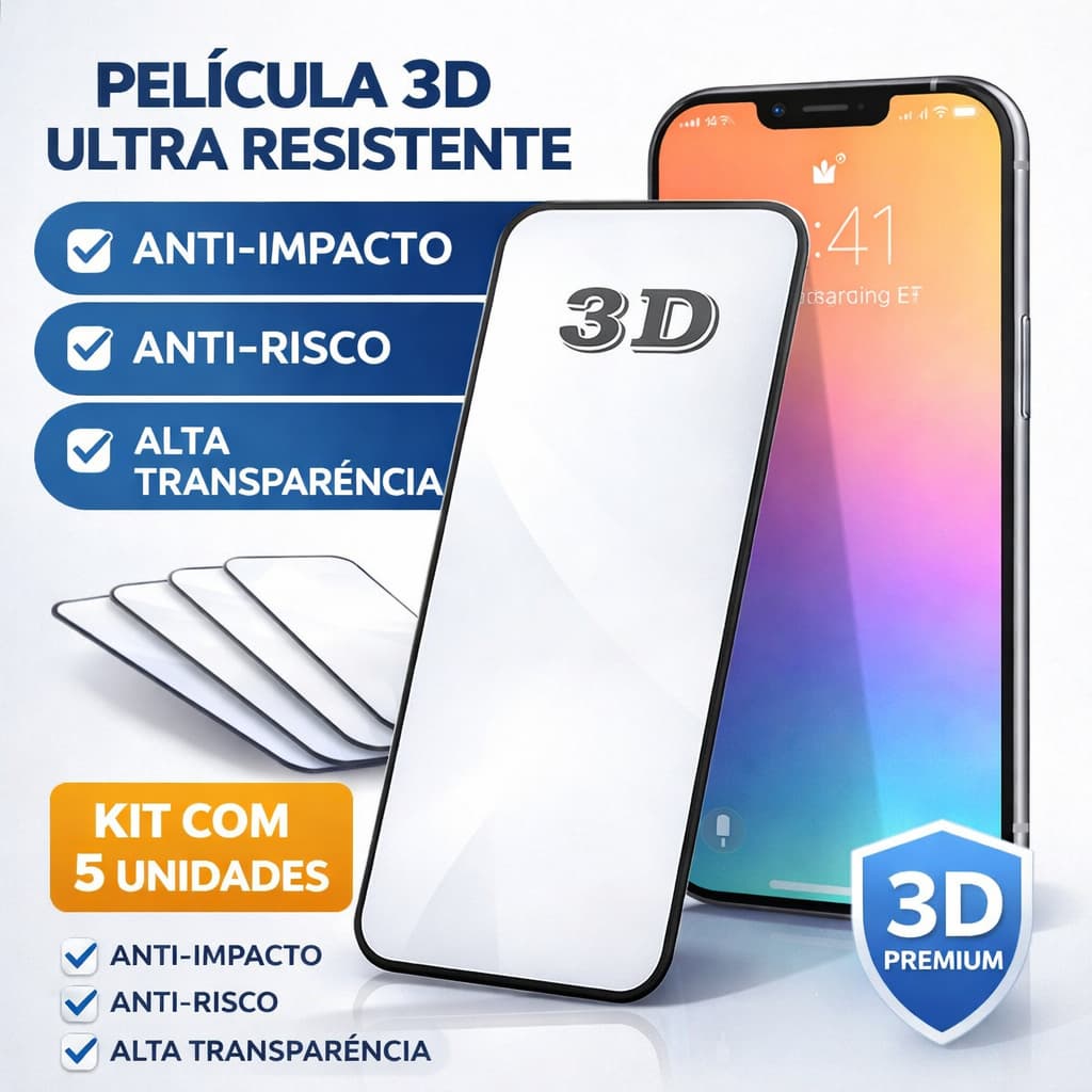 🔥 PELÍCULA 3D PARA IPHONE – KIT 5 UNIDADES | ANTI IMPACTO, ANTI RISCO, VIDRO TEMPERADO PREMIUM iPhone X ao 17PROMAX