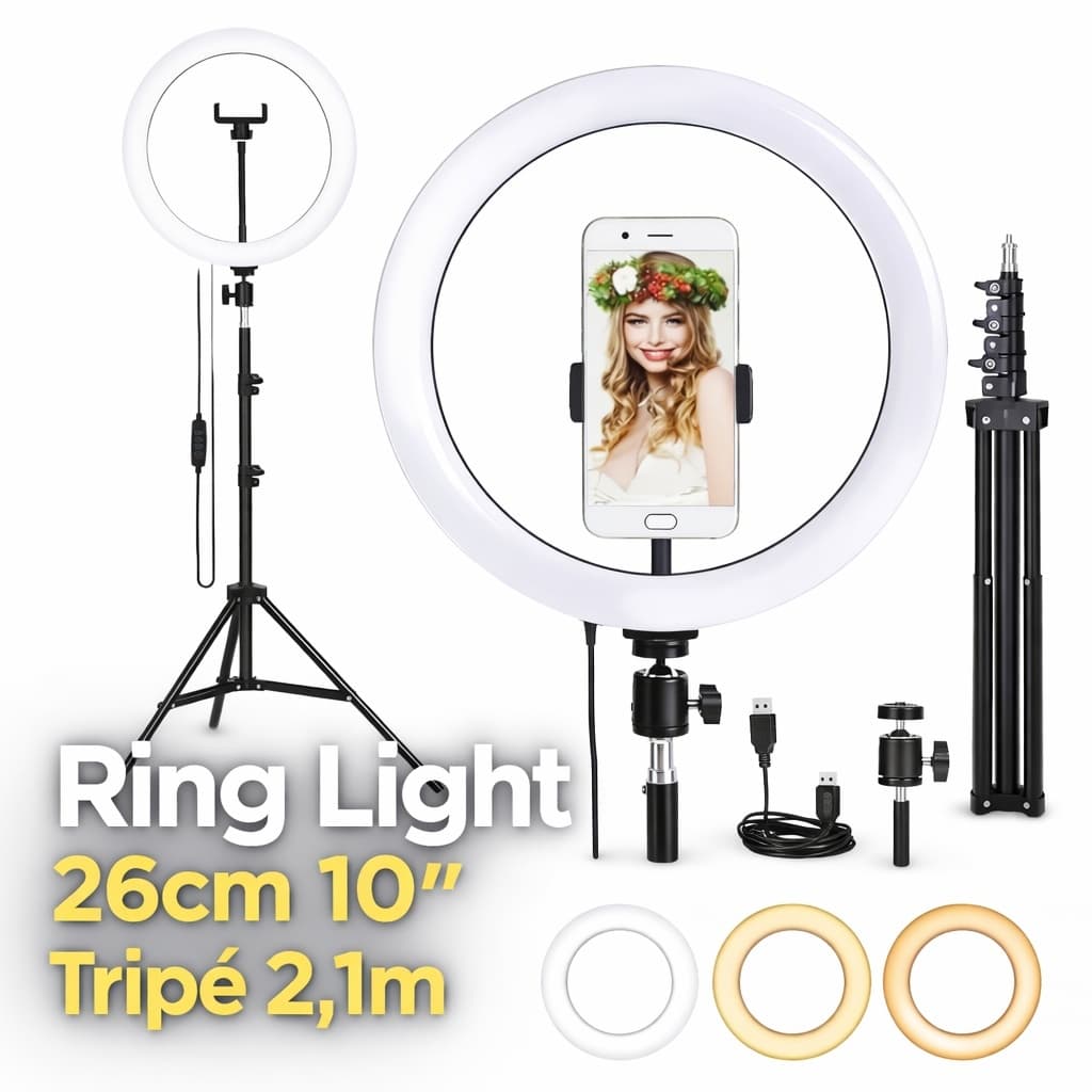 Ring Light 26cm 10'' Tripé 2,1m Iluminador LED para Fotos, Vídeos e Maquiagem